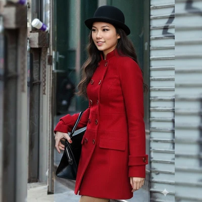 Abrigo de lana rojo para mujer doble botonadura trinchera larga | Cantante estadounidense de Hollywood Foto 1 de 4