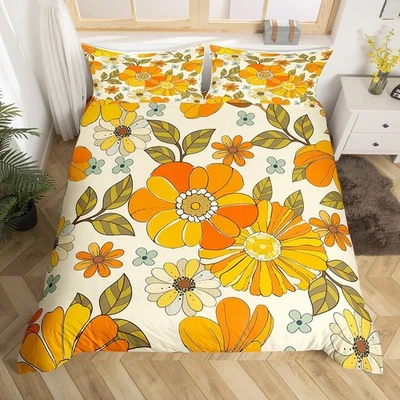 Retro Flowers Bedding Set Queen Size,Watercolor Yellow Floral Green Leaves Pl... - Image 1 of 4