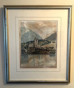 Vintage signierte Hans Figura gerahmtes Kunstwerk Radierung St. Wolfgang am Wolfgangsee - Bild 1 von 8