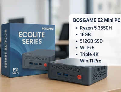 BOSGAME E2 Mini PC Ryzen 5 3550H 16GB 512GB SSD Vega 8 Win 11 Pro Triple 4K - Image 1 of 4