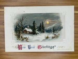 Postal de ciervos Winsch Año Nuevo 1911 en relieve en un patio nevado de una casa rural - Imagen 1 de 2