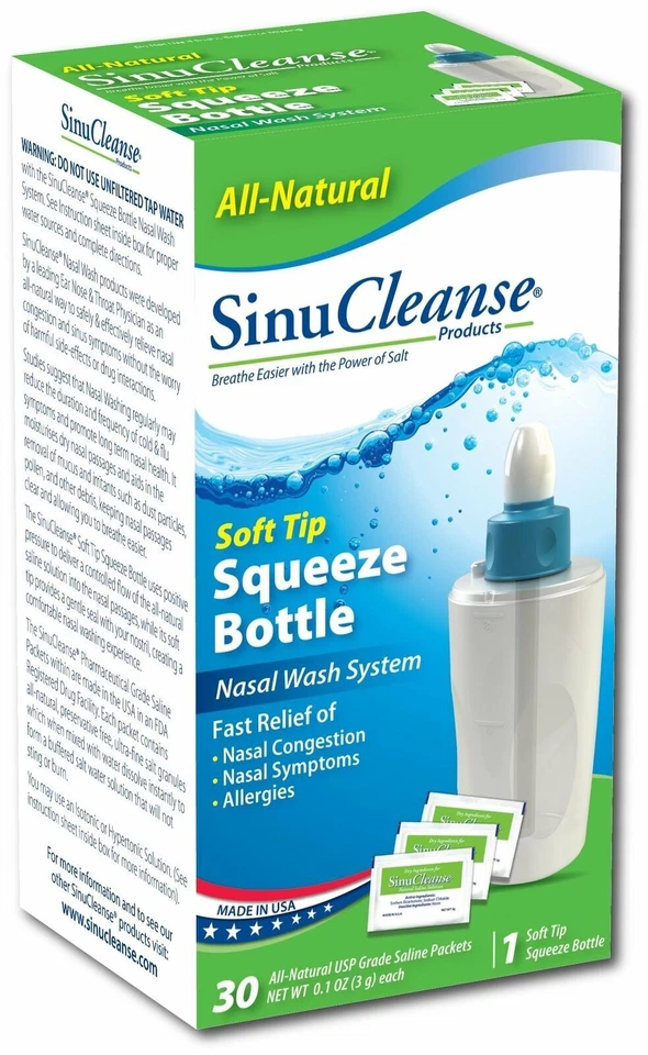 Kit de lavado nasal con botella exprimidora SinuCleanse paquetes de solución salina natural 30 unidades Foto 1 de 3