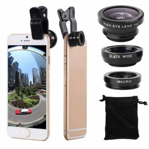 Universal 3 in1 Fish Eye+ Wide Angle + Macro Camera Clip-on Lens for Cell Phone - Photo 1 sur 12