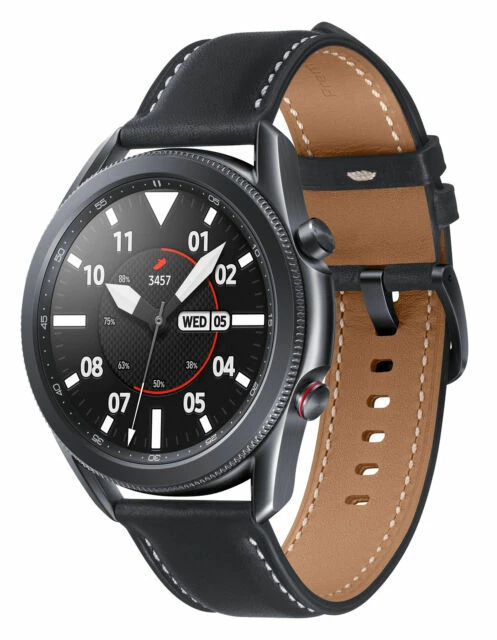 Samsung Galaxy Watch3 SM-R845 45mm Stainless Steel Case with Leather Strap - Mystic Black (4G) - SM-R845UZKAXAR