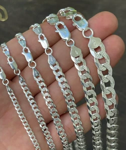 Real 925 Sterling Silver Mens Diamond Cut Curb Cuban Chain Bracelet or Necklace - Picture 1 of 18