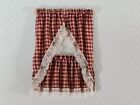 Dollhouse Kitchen Cafe Curtains Red Checked with Lace and Curtain Rod 1:12 Scale
