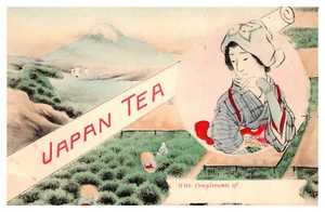 JAPAN TEA - LOVELY WOMAN IN CUSTUMARY DRESS- OLD POSTCARD - Picture 1 of 2