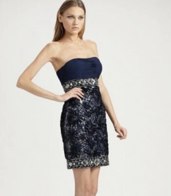 Sue Wong Beaded Soutache Ribbon Strapless Beaded 3D Floral Blue Dress Size 4 - image 1 of 4