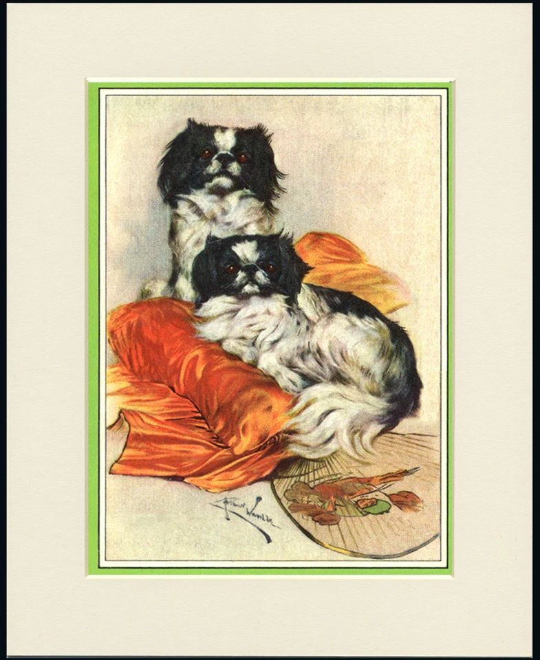 JAPANESE CHIN DOGS AND FAN LOVELY DOG PRINT MOUNTED READY TO FRAME - Image 1 of 1