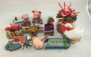 Christmas Ornaments Wood Cardboard Sled Goose Train Angel Bear Mixed Lot of 10 - Picture 1 of 5