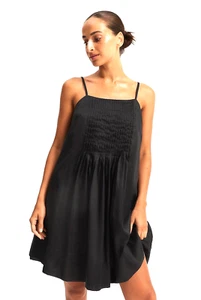 COUNTRY ROAD Tuck Detail Mini Dress in Black Cotton Voile Size 6 RRp $179 - Picture 1 of 4