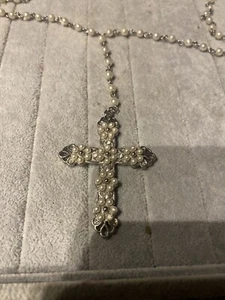 Cross Faux Pearl Beaded 36” Adjustable Religious Crucifix - Picture 1 of 5