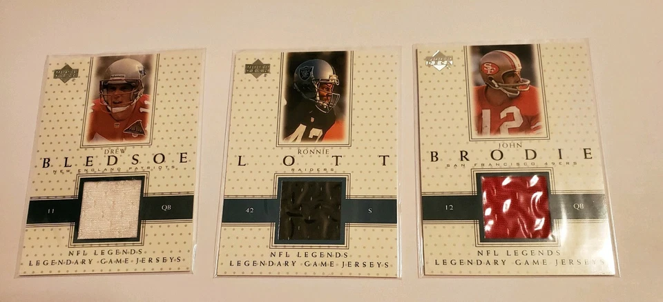 Drew Bledsoe Ronnie Lott John Brodie 批量 3 张 NFL 传奇比赛二手球衣卡 — 第 1/4 张图片