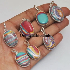 Offer Rainbow Calsilica Gemstone 925 Silver Plated Wholesale Lot Bezel Pendants - Picture 1 of 3