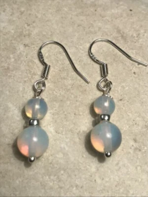 White Opalite Grade AAA 8-10MM Gems Beads Earrings 925 Silver - Gift - image 1 of 4