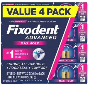 Fixodent 4 confezioni da 62g Advanced Max Hold adesivo per protesi USA IMPORT - Foto 1 di 3