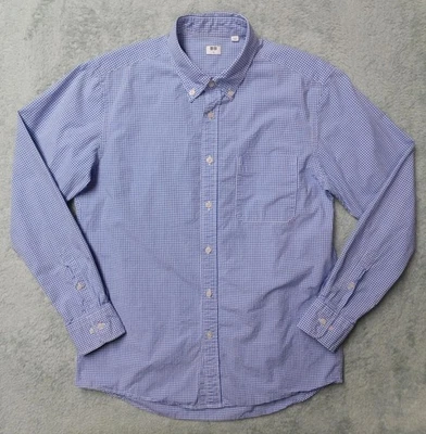Camisa Uniqlo Para Hombre M Azul Blanco Guinga Preppy Manga Larga 100% Algodón Botón Foto 1 de 4