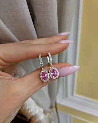 1.85 Ct Lab Created Pink Sapphire Diamond Lovely Earrings Stud 14K White Gold - Image 1 of 3