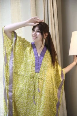 Maxi túnica larga de seda pura caftán verde y blanco PS KFN2924 Foto 1 de 4