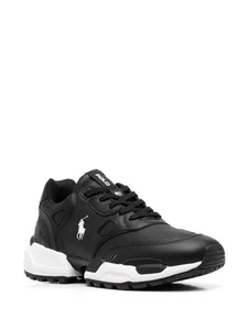 Polo Ralph Lauren Jogger Shoes Triple Black White Sneakers Leather UK Size 8 - Picture 1 of 5