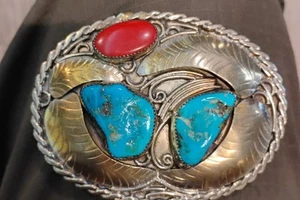 Vintage Turquoise n Red Coral 925 Silver Belt Buckle - Picture 1 of 7