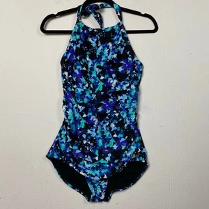 Traje de baño deportivo Speedo azul de una pieza halter cuello alto ojo de cerradura talla grande - Imagen 1 de 9