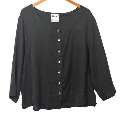 FLAX 100% Linen Black Button Down Top Boxy Classic Lightweight Lagenlook Size 3G - Image 1 of 4