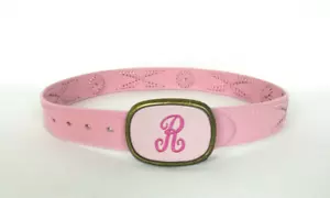 VTG 1980s 90s PINK LEATHER "R" MONOGRAM BRASS BUCKLE BELT SIZE 32 MEXICO - Picture 1 of 12