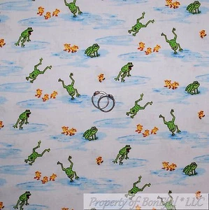 BonEful FABRIC FQ Cotton Quilt White Green Frog Blue Water Yellow Chick Scenic S - Picture 1 of 6