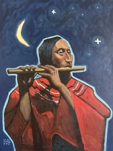 Dipinto originale figura indiana Navajo occidentale canzone notturna firmato Liam - Foto 1 di 4