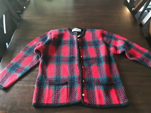 Women's Size Medium Crystal Kobe Red, Black, and Green Button Down Sweater - Picture 1 of 3