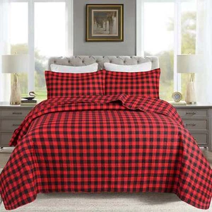 Juego de colcha edredón a cuadros búfalo rojo de Navidad de 3 piezas ropa de cama de guinga - Imagen 1 de 18