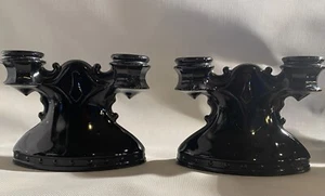 2 Art Deco 1930’s Vintage LE Smith Black/ amythest glass double candle holders - Picture 1 of 10