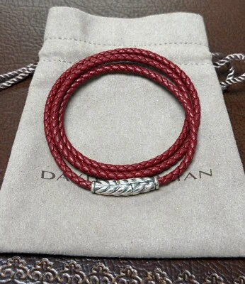 Brazalete David Yurman de plata esterlina .925 Chevron triple envoltura de cuero rojo S Foto 1 de 3