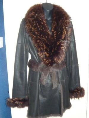 Abrigo de cuero para mujer con cuello de zorro real, forro y cinturón de piel de cono, talla 10/12 Foto 1 de 4