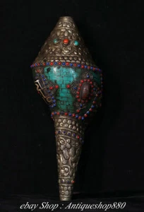 Old Tibet Buddhism Turquoise Gems Silver Filigree Dzi Conch Trumpet Shell Statue - Picture 1 of 9