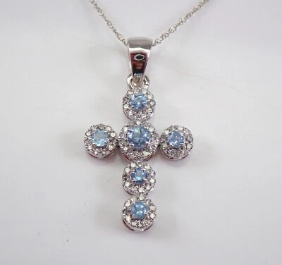 Aquamarine and Diamond Halo Cross Pendant Necklace Chain White Gold Gift - Image 1 of 4