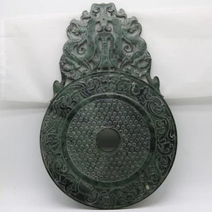 Chinese , carve jade openwork green Disc Bi with Chi dragon human grains D245 - Picture 1 of 4