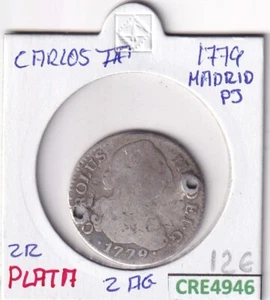 CRE4946 MONEDA ESPAÑA CARLOS III 2 REALES 1779 MADRID PJ AGUJEROS PLATA - Bild 1 von 2