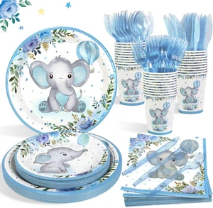 175Pcs Baby Boy Shower Decorations Plates Set for 25 Guests, Elephant Baby Showe - Picture 1 of 6