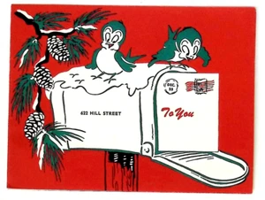 Lindos pájaros animados conos de pino, buzón de correo tarjeta de Navidad años 40 - Imagen 1 de 3