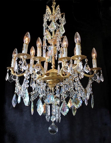 Vintage, 24" X 36" Spanish,12 Light Bronze/Gold Chandelier, Aurora Crystal Cover