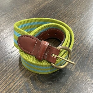 Barrons Hunter Belt Men’s 40 Green Blue Striped Canvas Leather USA Preppy - Picture 1 of 6