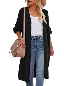 Women's Size S Black Casual Open Front Long Sleeve Fuzzy Knit Cardigan w Pockets - Picture 1 of 9