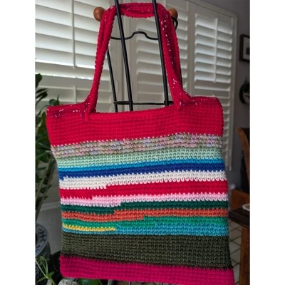 Bolsa tote forrada de ombro de malha de crochê feita à mão vermelha verde algodão mistura acrílica - Imagem 1 de 4