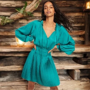 Current Air Anthropologie Pleated Mini Dress Smocked Waist Long Sleeve Teal Boho - Picture 1 of 10
