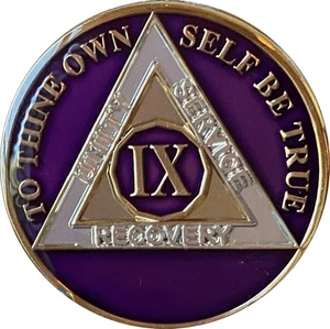 9 Year AA Medallion Metallic Purple Tri-Plate Sobriety Chip IX - Picture 1 of 4