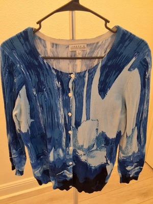 Joseph A Blue White Watercolor Abstract Print Button-Up Size M Cardigan Sweater - Image 1 of 4