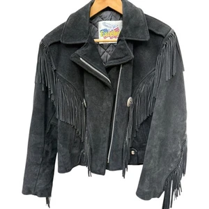 Vintage Women Sz 16 Excelled USA Made Western Suede Leather Fringe Riding Jacket - Picture 1 of 12