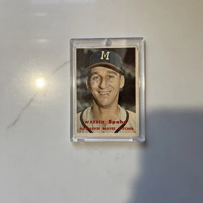 Tarjeta MLB de colección 1957 Topps #90 Warren Spahn Milwaukee Braves HOF Pitcher Foto 1 de 4